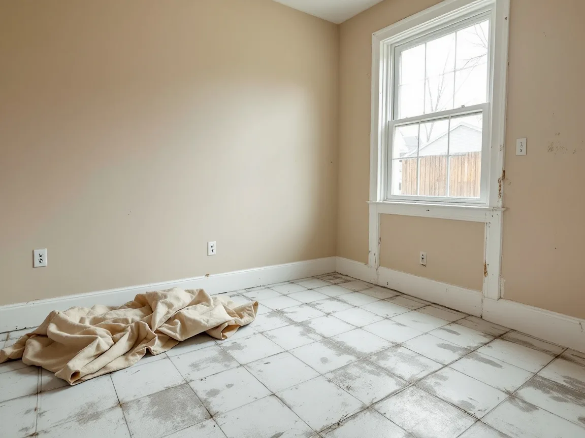 Empty room with worn, stained tile flooring (illustration)