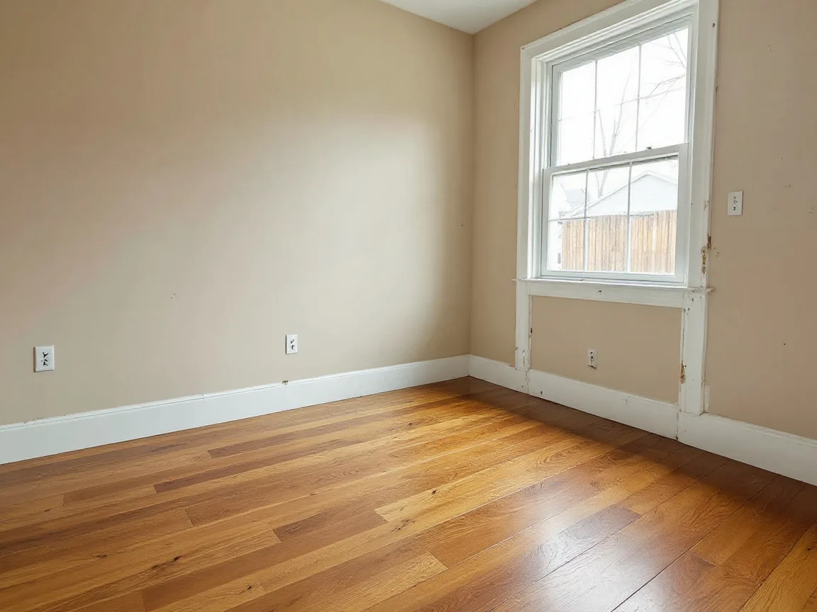 The same room with new wide-plank wood flooring (illustration)