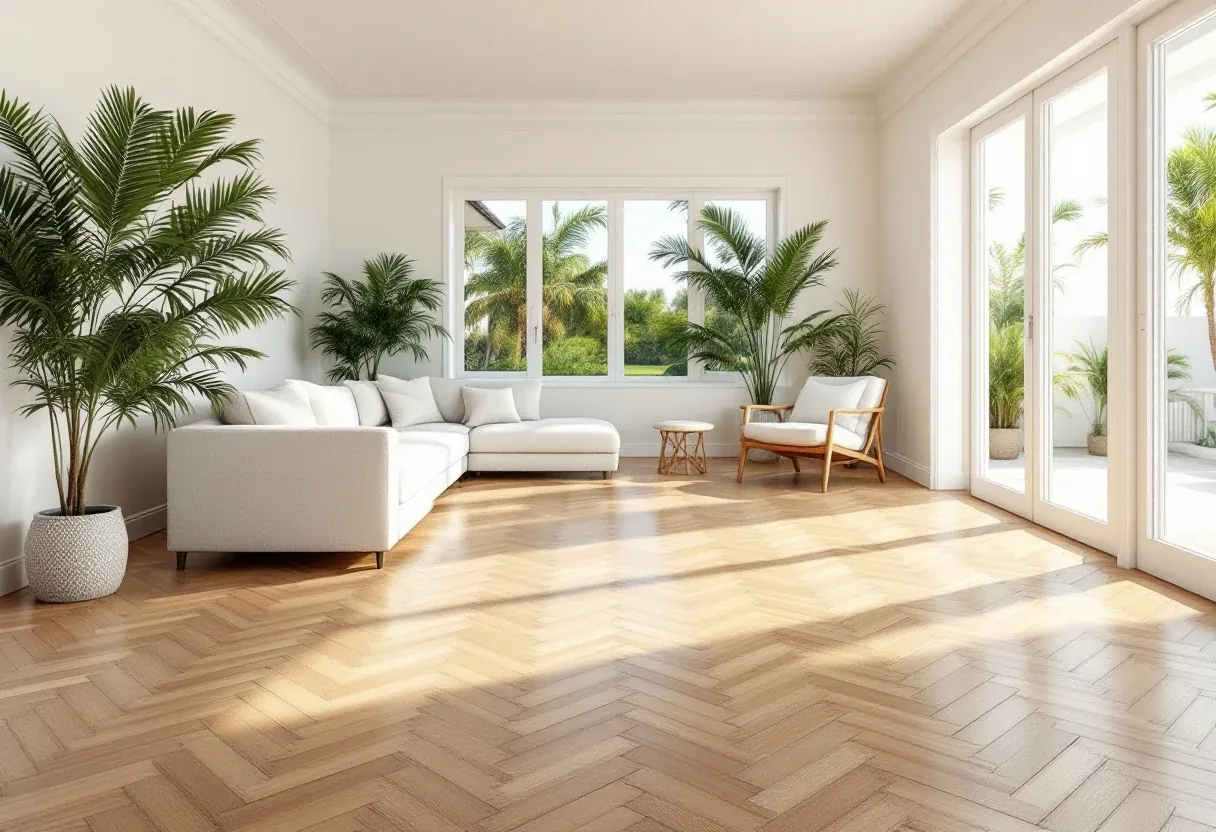 Bright Florida living room with herringbone wood flooring and palm trees outside the window